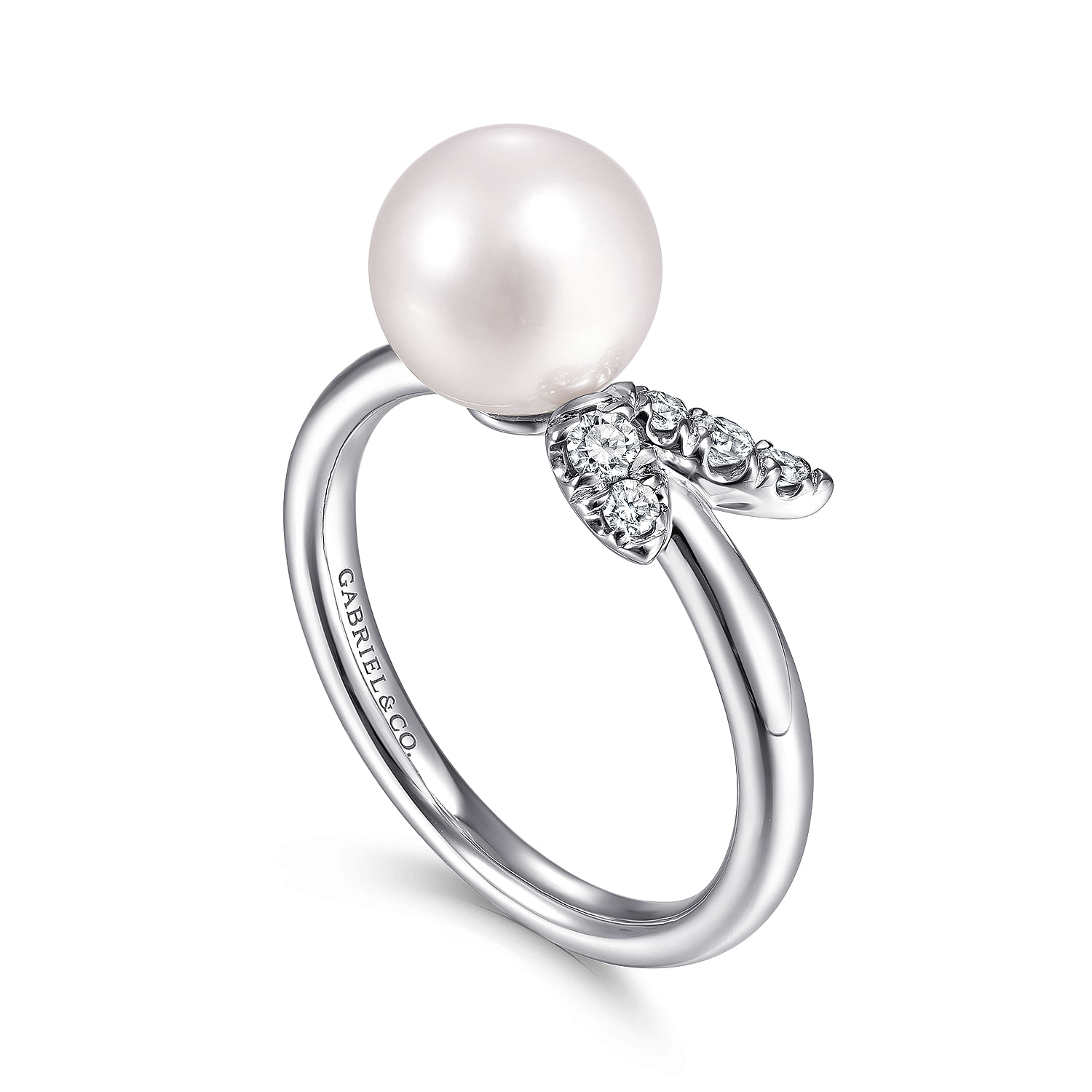 14K White Gold Pearl Ring with Diamond Leaf - 0.12 ct - Shot 3