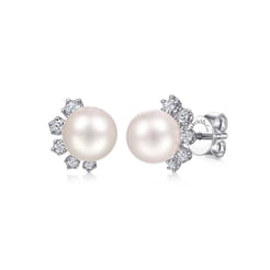 14K White Gold Pearl Stud Earrings with Diamond Accents