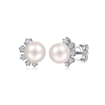 14K White Gold Pearl Stud Earrings with Diamond Accents