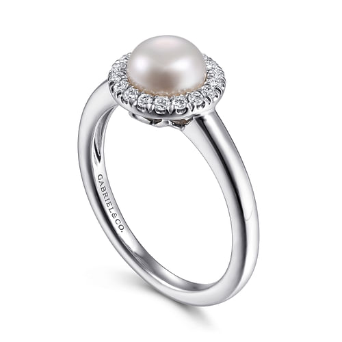14K White Gold Pearl and Diamond Halo Ring - 0.14 ct - Shot 2