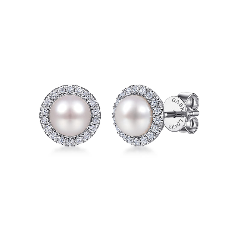 14K White Gold Pearl and Diamond Halo Stud Earrings - 0.25 ct - Shot 1