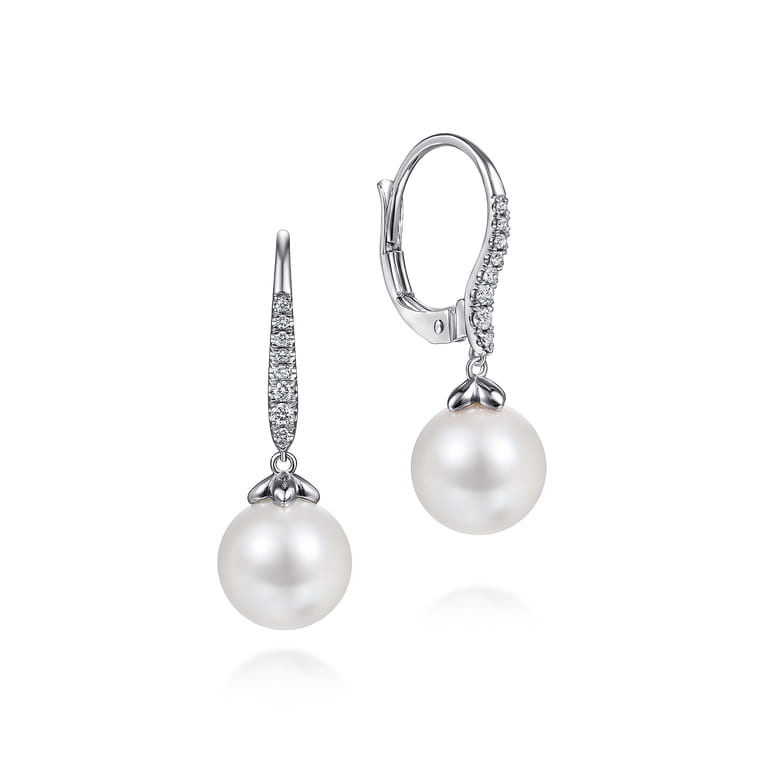 14K White Gold Pearl and Diamond Leverback Earrings - 0.14 ct - Shot 1