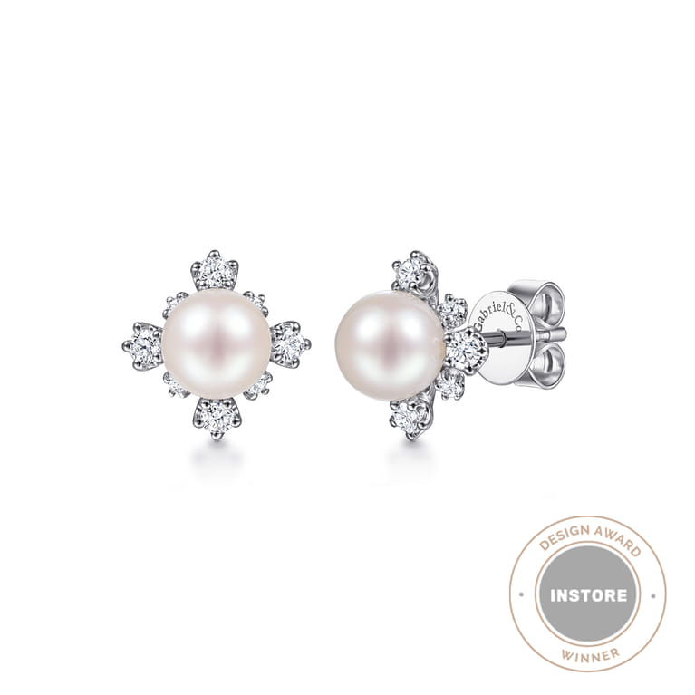 14K White Gold Pearl and Diamond Stud Earrings - 0.3 ct - Shot 1