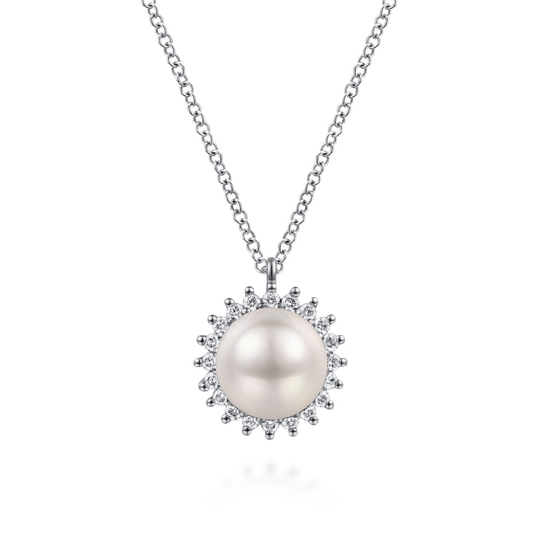 14K White Gold Pearl with Diamond Halo Pendant Necklace - 0.2 ct - Shot 1