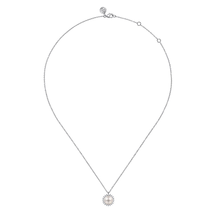 14K White Gold Pearl with Diamond Halo Pendant Necklace