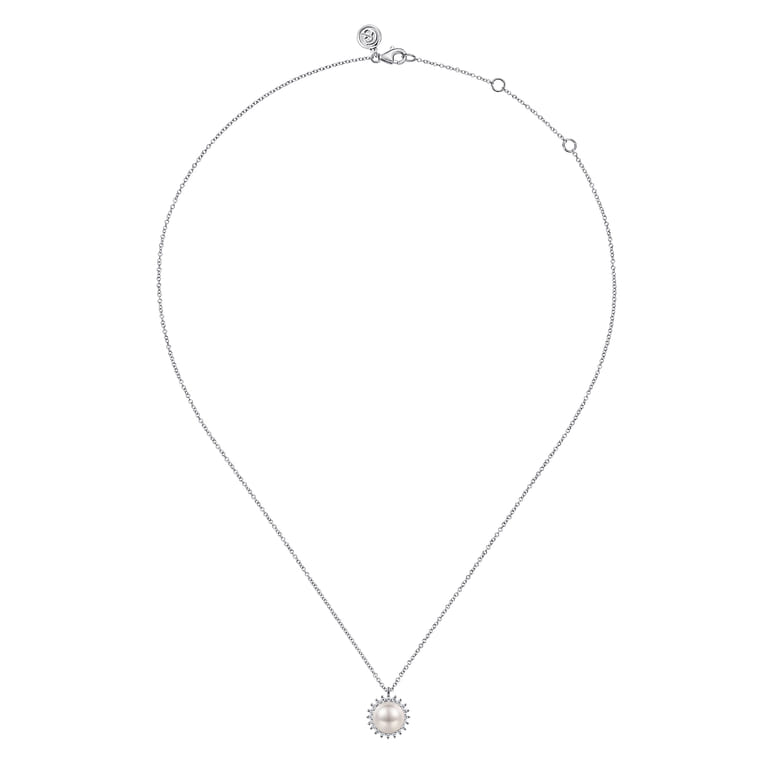 14K White Gold Pearl with Diamond Halo Pendant Necklace - 0.2 ct - Shot 2