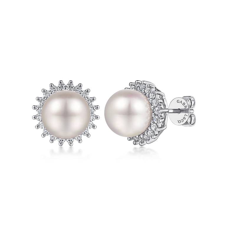 14K White Gold Pearl with Diamond Halo Stud Earrings - 0.4 ct - Shot 1