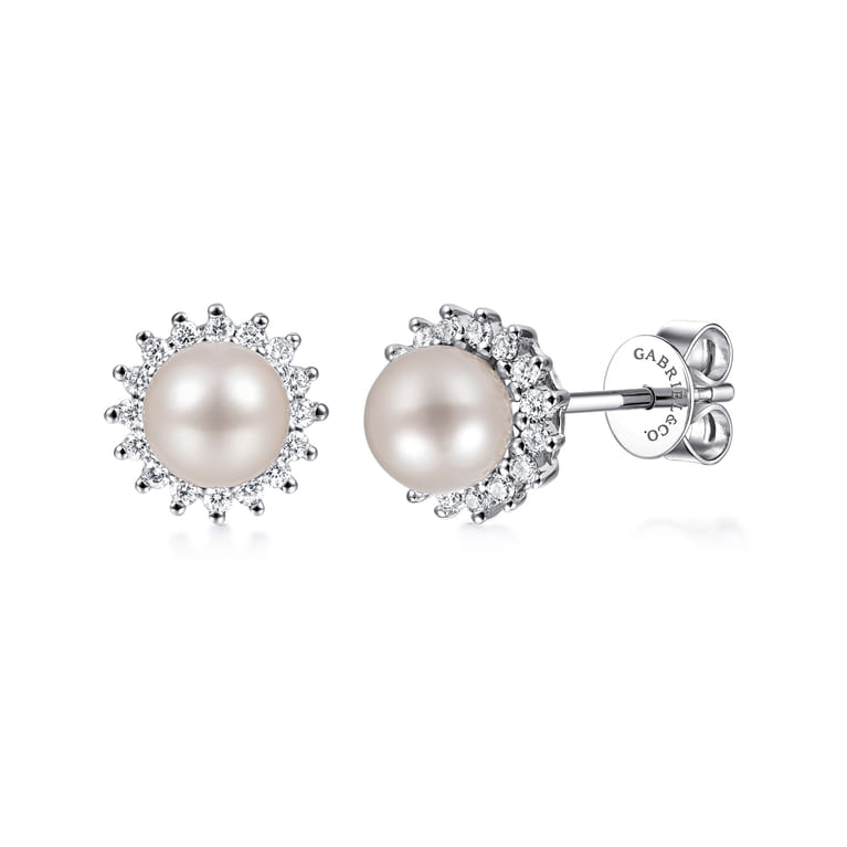 14K White Gold Pearl with Diamond Halo Stud Earrings - 0.24 ct - Shot 1