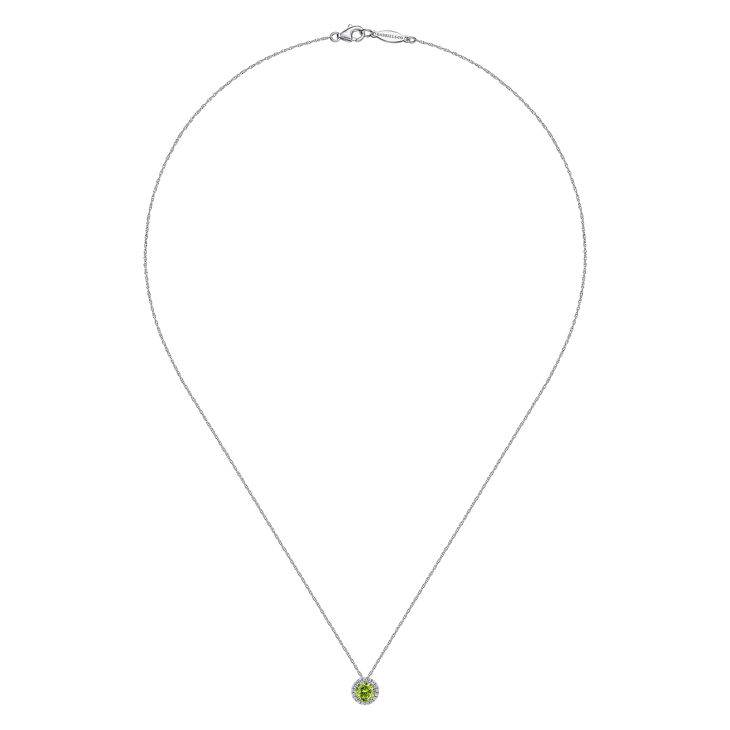 14K White Gold Peridot and Diamond Halo Pendant Necklace