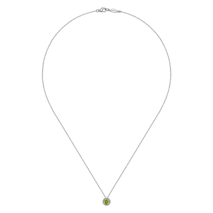 14K White Gold Peridot and Diamond Halo Pendant Necklace