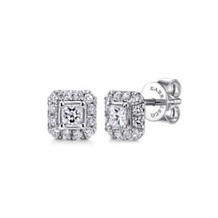 14K White Gold Princess Cut Diamond Halo Stud Earrings