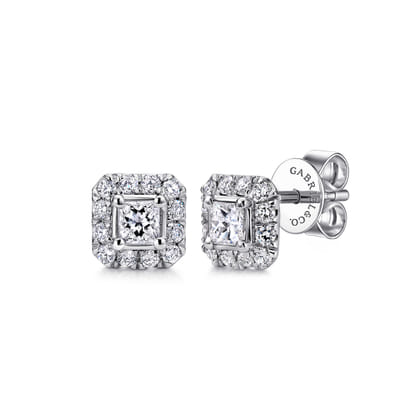 14K White Gold Princess Cut Diamond Halo Stud Earrings