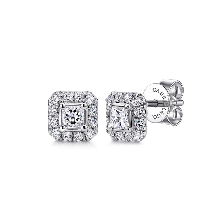 14K White Gold Princess Cut Diamond Halo Stud Earrings - 0.8 ct - Shot 1