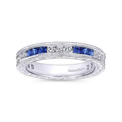 14K White Gold Princess Sapphire and Round Diamond Stackable Ring