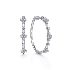 14K White Gold Prong Set 30mm Round Classic Diamond Hoop Earring