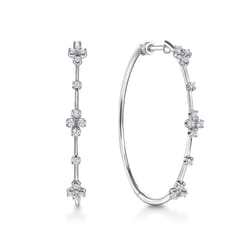14K White Gold Prong Set 40mm Round Classic Diamond Hoop Earrings