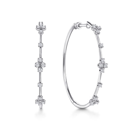 14K White Gold Prong Set 40mm Round Classic Diamond Hoop Earrings