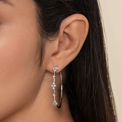 14K White Gold Prong Set 40mm Round Classic Diamond Hoop Earrings