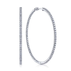 14K White Gold Prong Set 50mm Round Inside Out Diamond Hoop Earrings