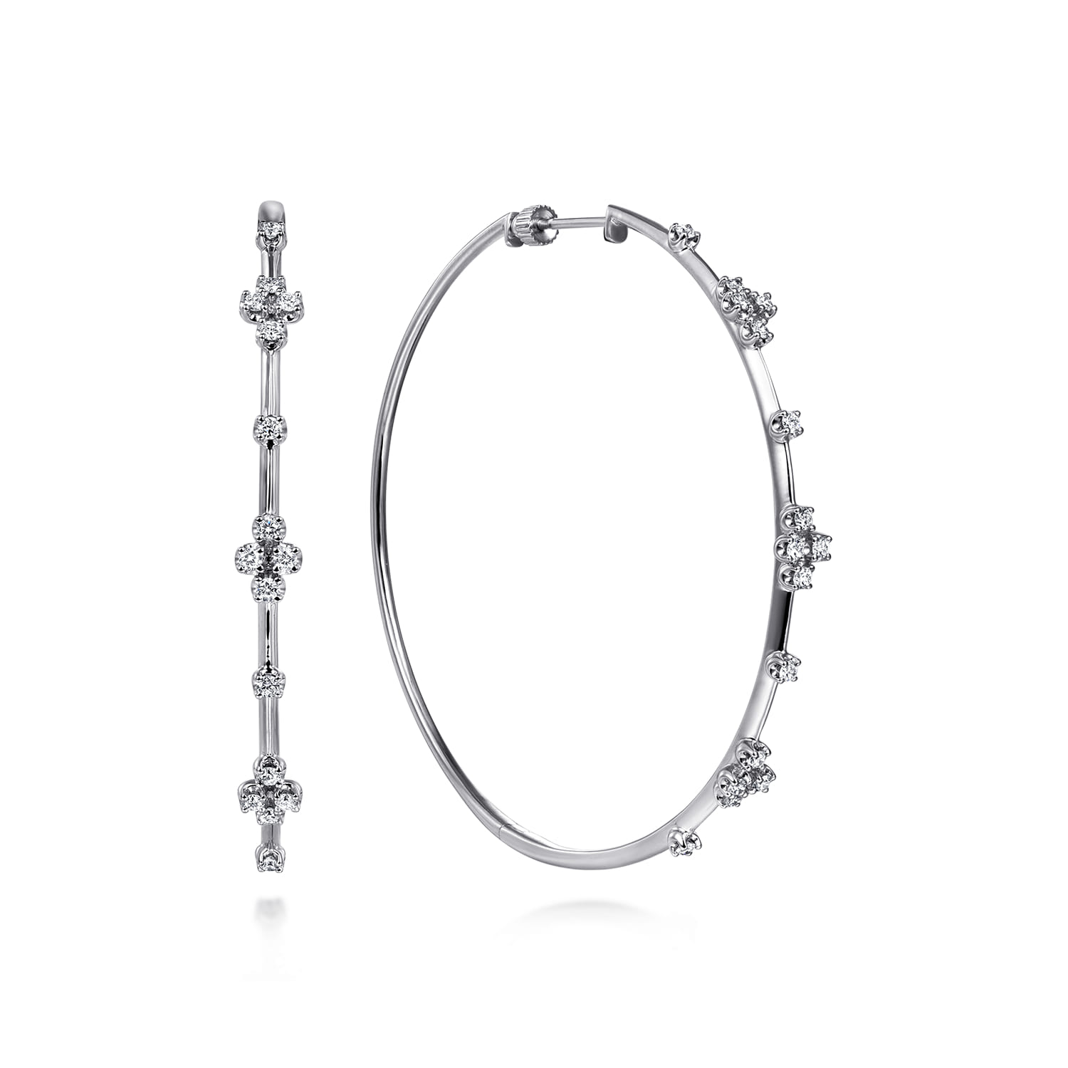 14K White Gold Prong Set 60mm Round Classic Diamond Hoop Earrings - 0.8 ct - Shot 1