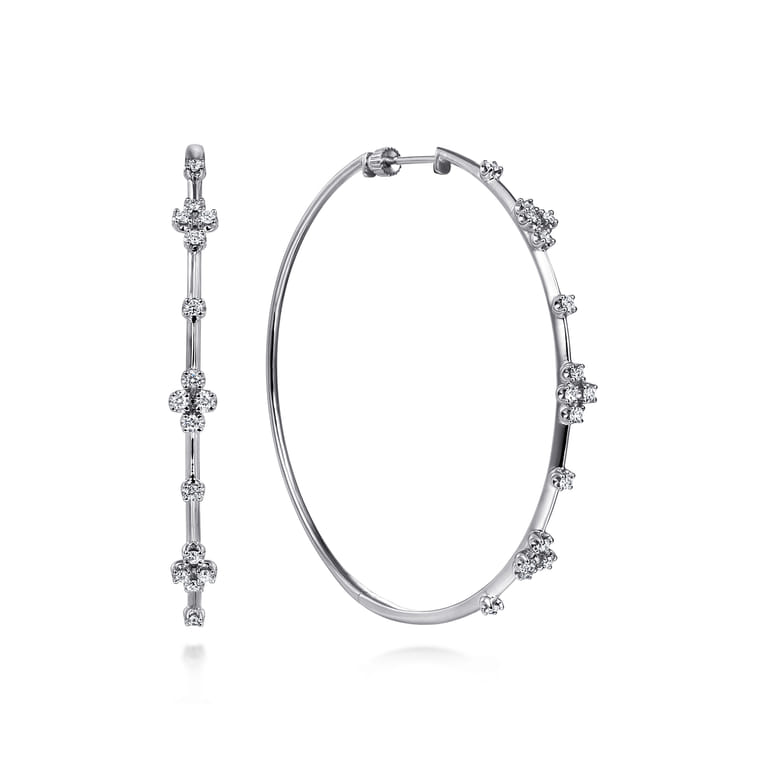 14K White Gold Prong Set 60mm Round Classic Diamond Hoop Earrings - 0.8 ct - Shot 1