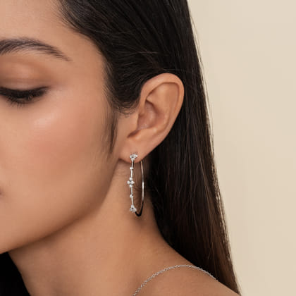14K White Gold Prong Set 60mm Round Classic Diamond Hoop Earrings