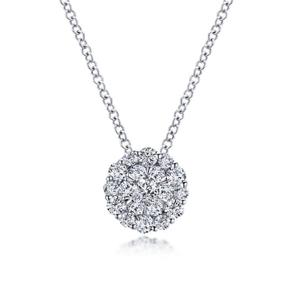 14K White Gold Prong Set Diamond Cluster Pendant Necklace