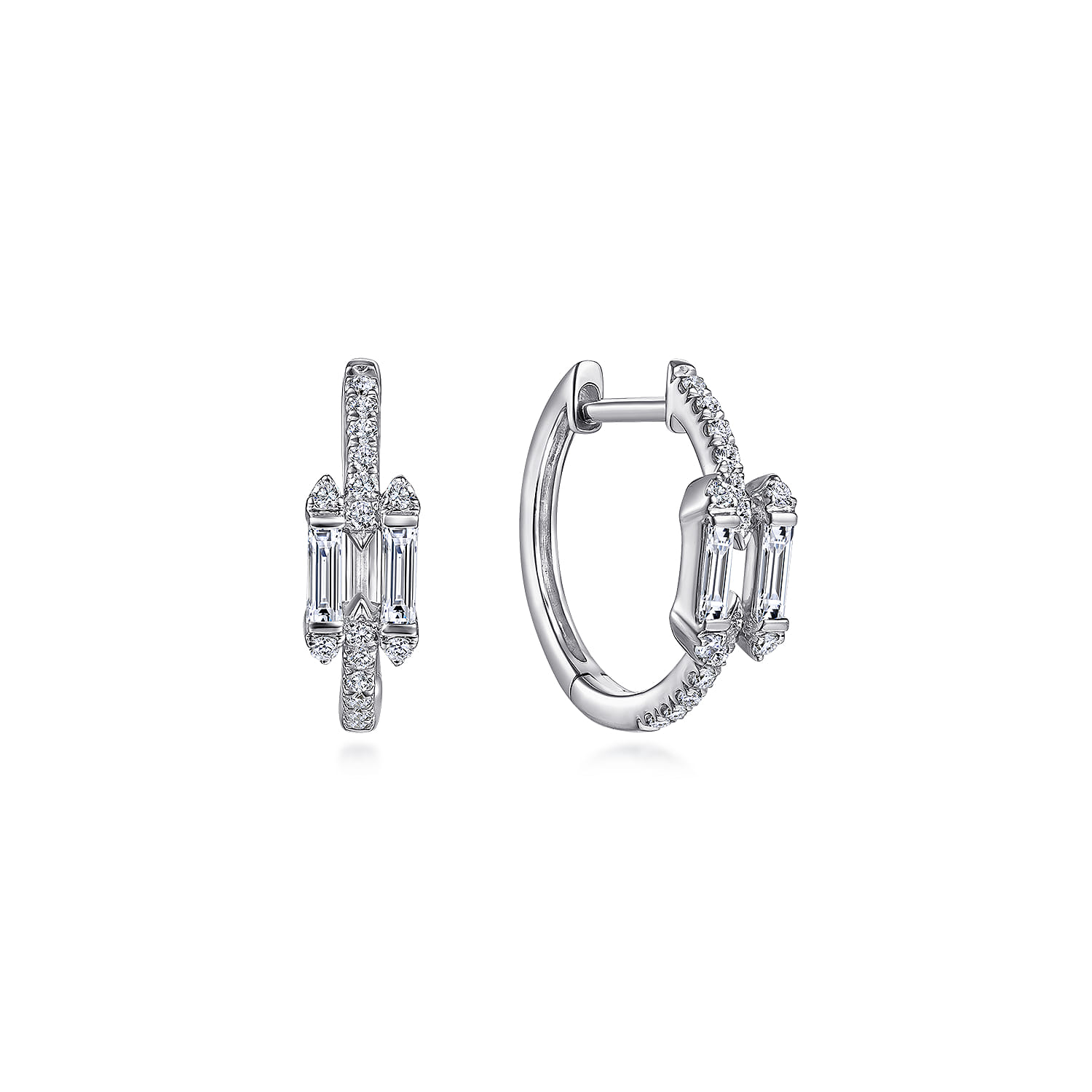 14K White Gold Prong Set and French Pave 15mm Round Classic Diamond Hoop Earrings - 0.35 ct - Shot 1