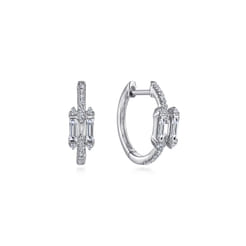 14K White Gold Prong Set and French Pave 15mm Round Classic Diamond Hoop Earrings