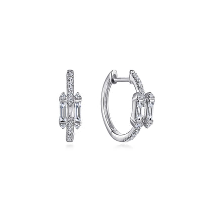 14K White Gold Prong Set and French Pave 15mm Round Classic Diamond Hoop Earrings