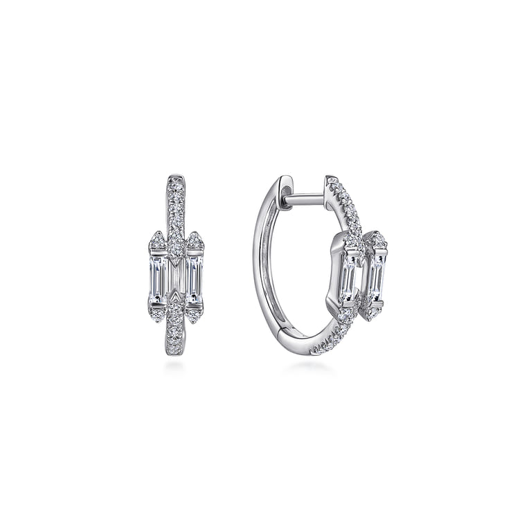 14K White Gold Prong Set and French Pave 15mm Round Classic Diamond Hoop Earrings - 0.35 ct - Shot 1
