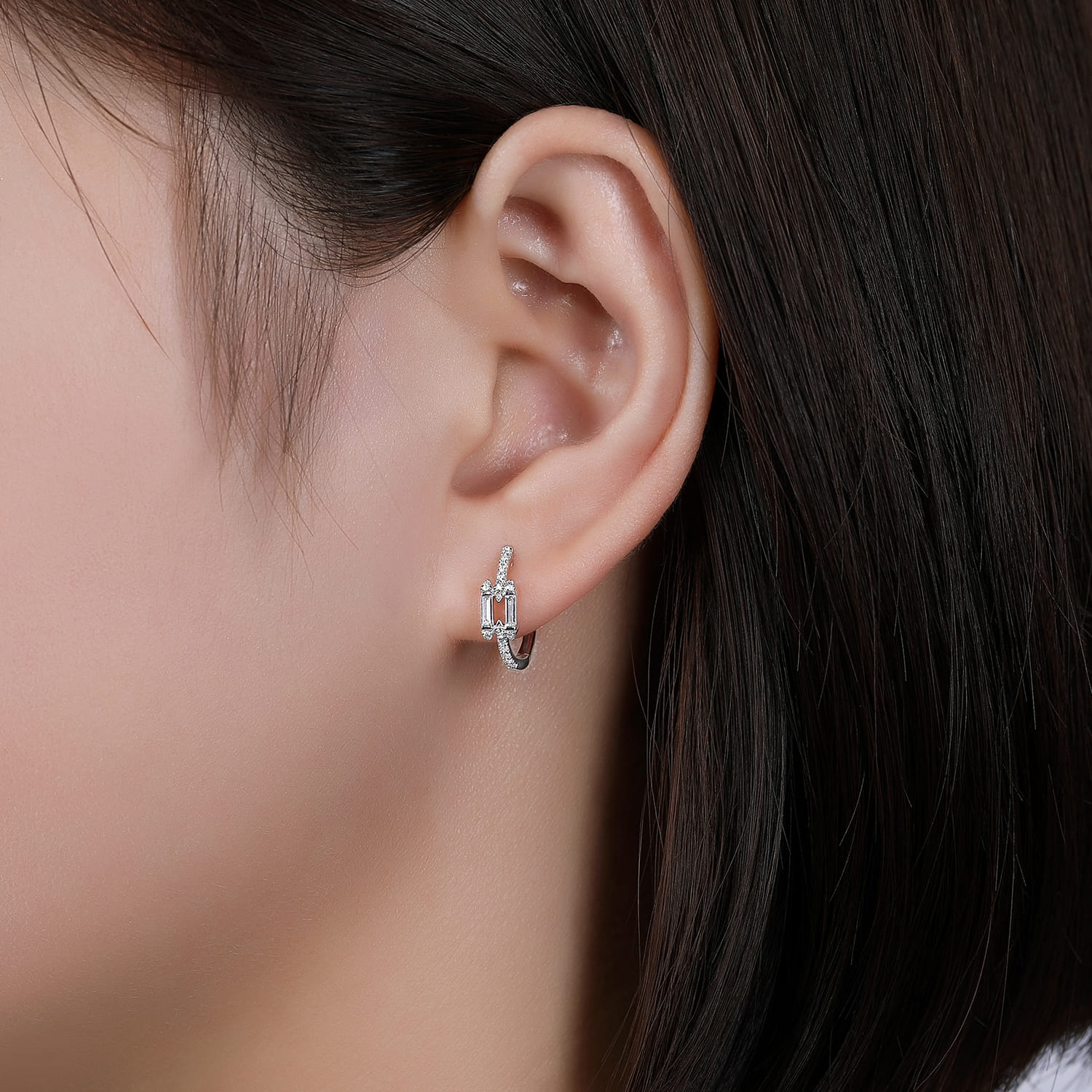 14K White Gold Prong Set and French Pave 15mm Round Classic Diamond Hoop Earrings - 0.35 ct - Shot 2