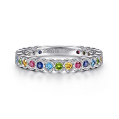14K White Gold Rainbow Color Stone Bezel Ring