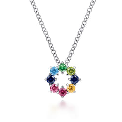 14K White Gold Rainbow Color Stone Circle Pendant Necklace