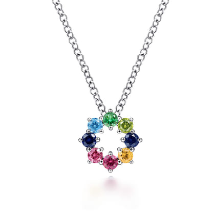 14K White Gold Rainbow Color Stone Circle Pendant Necklace