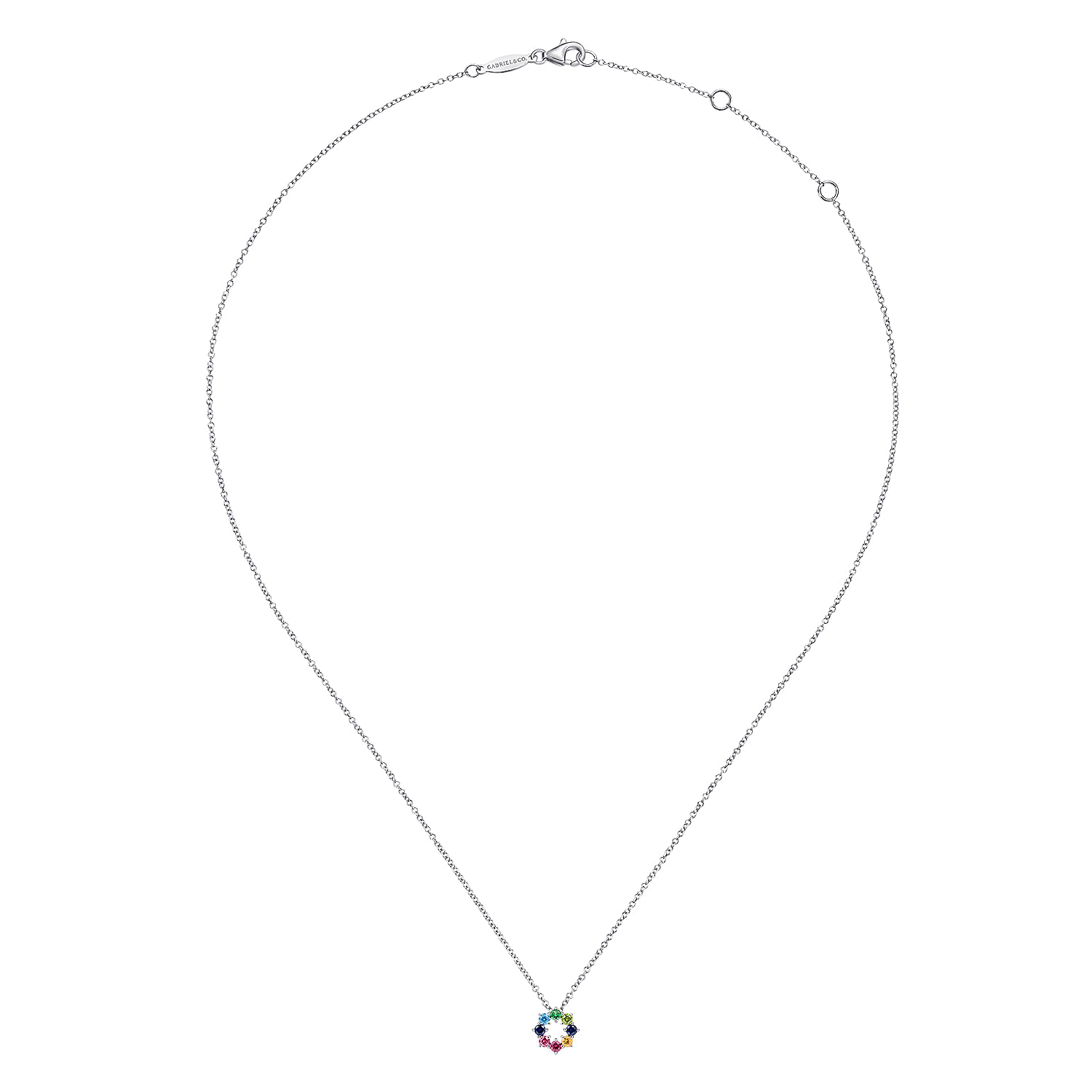 14K White Gold Rainbow Color Stone Circle Pendant Necklace