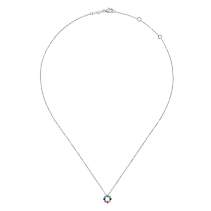 14K White Gold Rainbow Color Stone Circle Pendant Necklace