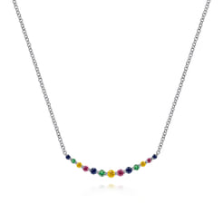 14K White Gold Rainbow Color Stone Curved Bar Necklace