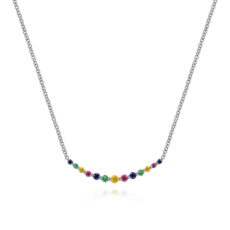 14K White Gold Rainbow Color Stone Curved Bar Necklace - Shot 1