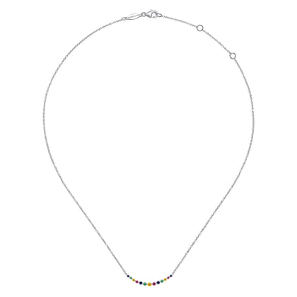 14K White Gold Rainbow Color Stone Curved Bar Necklace
