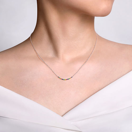 14K White Gold Rainbow Color Stone Curved Bar Necklace - Shot 3