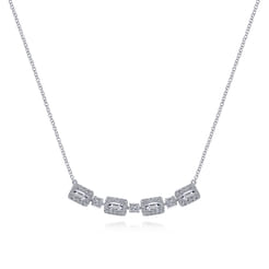 14K White Gold Rectangular Baguette and Diamond Halo Station Necklace