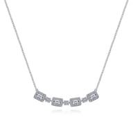 14K White Gold Rectangular Baguette and Diamond Halo Station Necklace