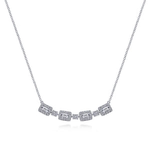 14K White Gold Rectangular Baguette and Diamond Halo Station Necklace
