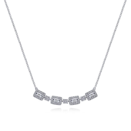 14K White Gold Rectangular Baguette and Diamond Halo Station Necklace