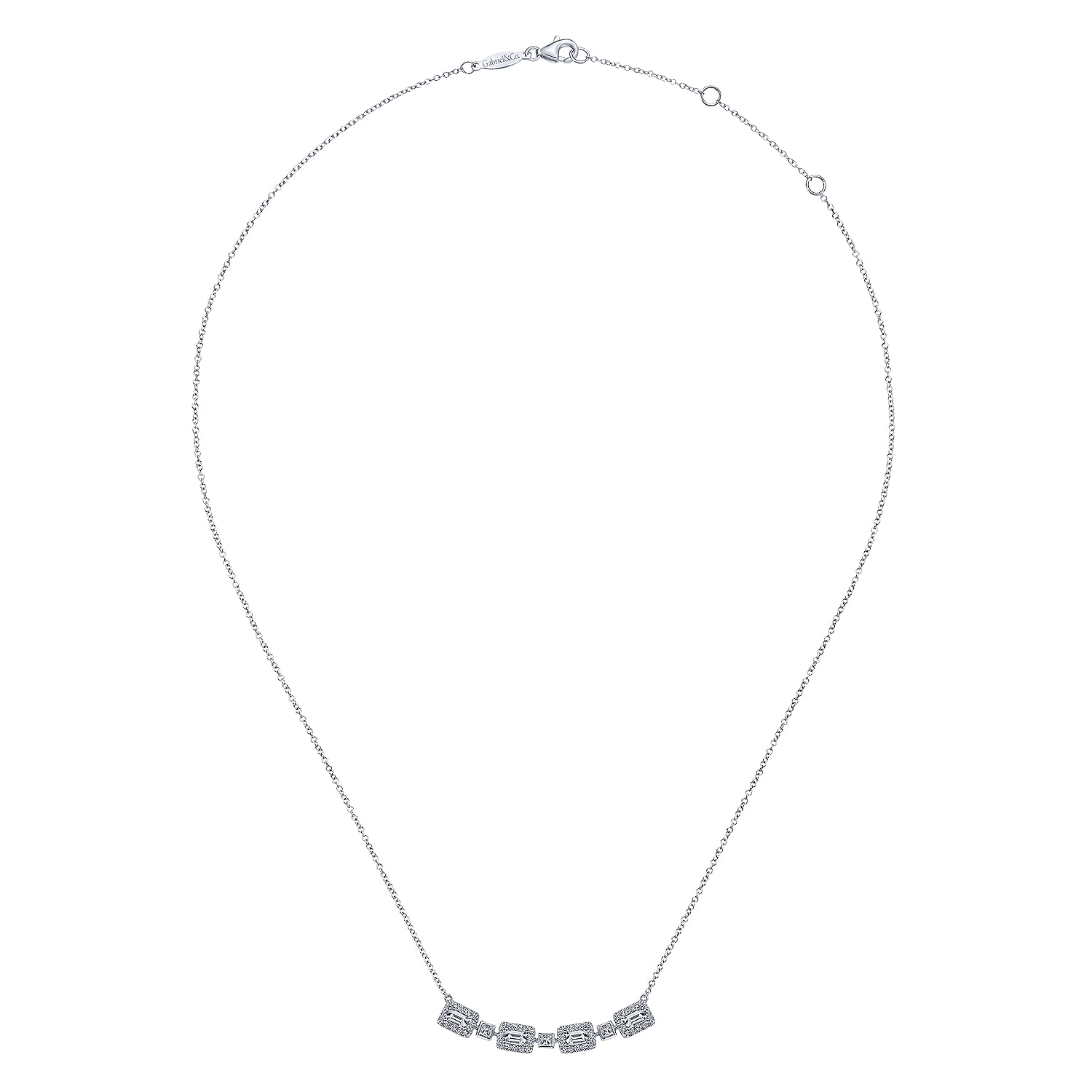 14K White Gold Rectangular Baguette and Diamond Halo Station Necklace