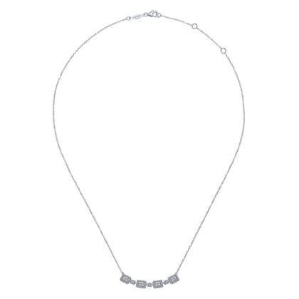 14K White Gold Rectangular Baguette and Diamond Halo Station Necklace