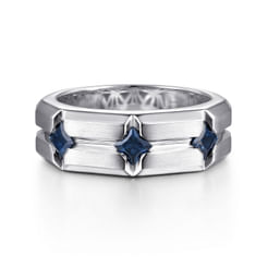 14K White Gold Ring with Princess Cut Sapphire B quality Stations in East West Brush Finish