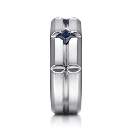 14K White Gold Ring with Princess Cut Sapphire B quality Stations in East West Brush Finish