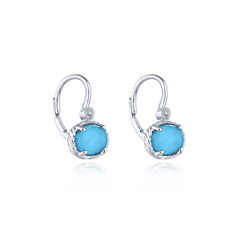 14K White Gold Rock Crystal Turquoise and Diamond Drop Earrings